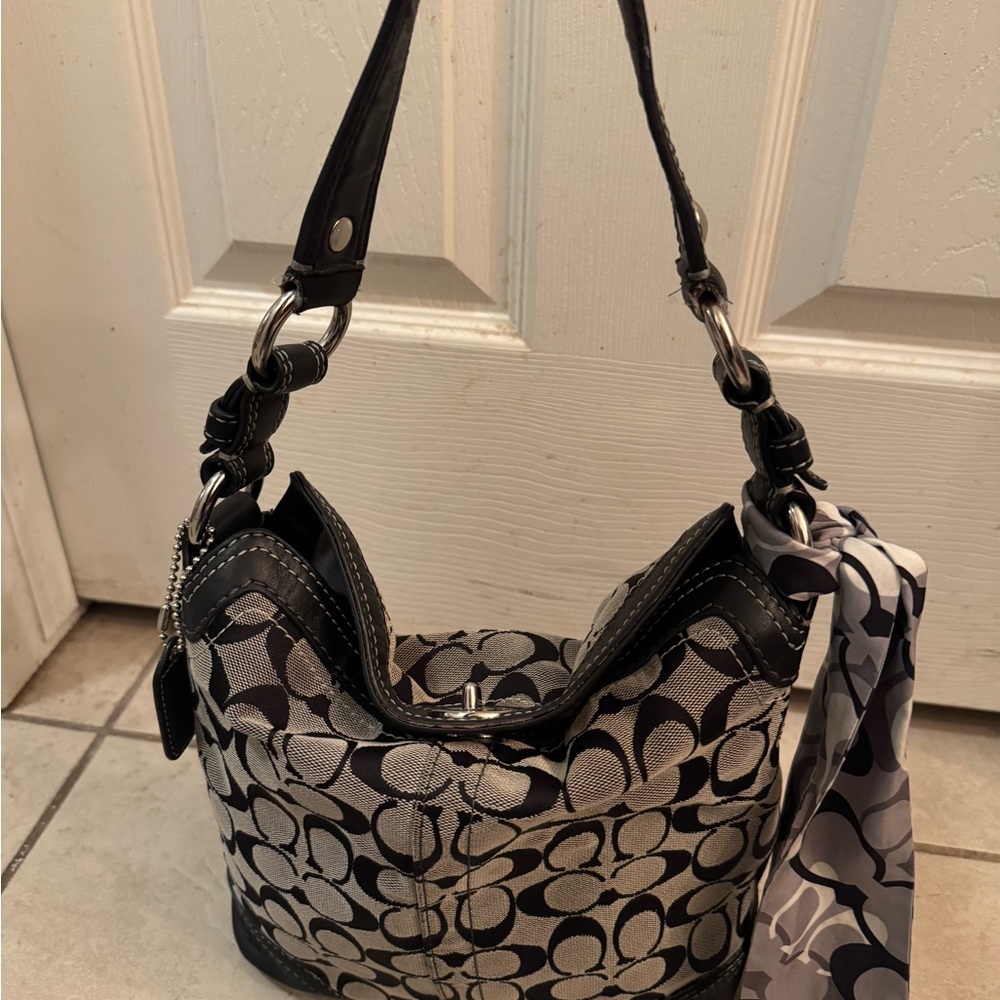 Coach Black and Gray Hobo Shoulder Bag with Leather Trim
